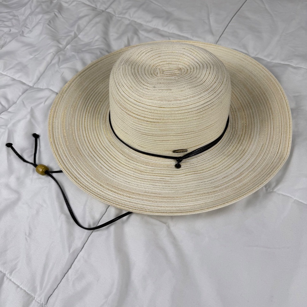 Karen Keith Sun Hat Womens M Cream Gold Metallic Wide Brim Chin Strap